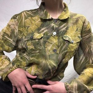 Y2K Green Earthy Boho Silk Sheer Button Up Blouse